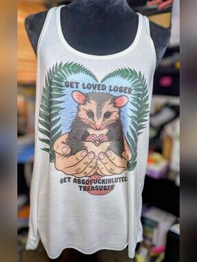 Get Loved Loser Racerback White Tank Top with Opossum Graphic - Handmade Art